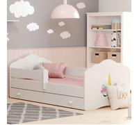 Lit enfant FALA 160x80 avec barrière, matelas, sommier et tiroir, avec motif licorne