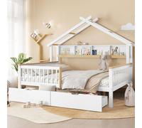 Lit enfant Fliek 140 x 200 cm avec 2 tiroirs, lit double pour enfant avec étagère, lit en bois avec sommier à lattes, blanc