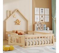 Lit enfant Flieks 90 x 200 cm avec sommier à lattes, lit au sol avec barrière de sécurité et porte, lit simple en bois pour chambre d'enfant, lit ludique naturel