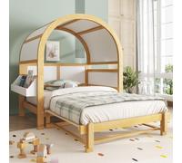 Lit enfant Flieks en forme de maison, 140 x 200 cm, avec lit coulissant, lit enfant extensible avec lit en mezzanine et étagère, lit de jour convertible en canapé-lit, aspect naturel