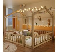 Lit enfant Flieks en forme de maison 90/180 x 190 cm avec éclairage LED, lit sur pied en bois avec barrières de sécurité et sommier à lattes, lit plat pour 2 enfants, aspect naturel
