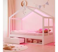 Lit enfant Flieks en forme de maison 90 x 190 cm avec LED, lit simple en bois pour enfant avec tiroir et meuble à chaussures, blanc