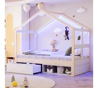 Lit enfant Flieks en forme de maison, 90 x 190 cm, avec LED, lit simple en bois pour enfant avec tiroir et meuble à chaussures, aspect naturel