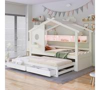 Lit enfant Flieks en forme de maison avec lit gigogne 90 x 190 cm, lit simple en bois pour enfant avec LED et station de recharge, lit enfant avec tiroirs et étagères, blanc