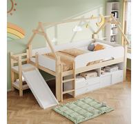 Lit enfant Flieks, lit cabane 90x200 cm avec toboggan, lit superposé pour enfant avec tiroirs et étagères, lit superposé simple avec barrière de sécurité, en bois naturel