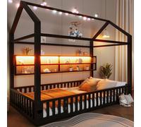 Lit enfant Flieks Lit maison 90 x 200 cm sans sommier à lattes, lit ludique Lit métallique avec LED, lit au sol Lit simple avec barrière de sécurité, noir
