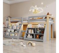 Lit enfant Flieks Lit mezzanine 90 x 200 cm avec 2 étagères, lit superposé avec LED, lit simple en bois Lit superposé avec barrière de sécurité et sommier à lattes, gris