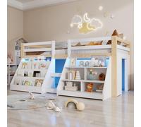 Lit enfant Flieks Lit mezzanine 90 x 200 cm avec 2 étagères, lit superposé avec LED, lit simple en bois Lit superposé avec barrière de sécurité et sommier à lattes, couleur bois blanc