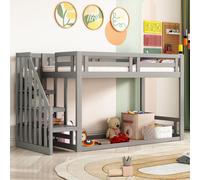 Lit enfant Fortuna Lai 90*200 cm, lit superposé bas avec escalier de sécurité, cadre de lit superposé en bois massif avec sommier à lattes gris