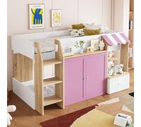 Lit enfant Fortuna Lai 90x200, avec espace de rangement ouvert, échelle d'escalade, lit mezzanine mi-hauteur, lit superposé en bois massif sans matelas, blanc + rose + couleur bois