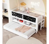 Lit enfant Fortuna Lai 90x200, lit enfant extensible, avec tableau graffiti, espace de rangement ouvert, échelle d'escalade, lit superposé en bois massif, sans matelas, blanc