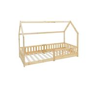 ML-Design Lit d'enfant 90x200 cm avec protection contre les chutes, toit et sommier à lattes, naturel, lit de maison en pin massif, lit au sol, lit en bois