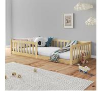 Lit enfant GUSTAVO avec sommier 90x190 cm Montessori, avec barrières de protection, en bois massif coloris naturel