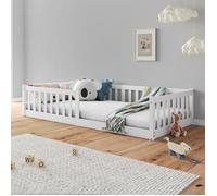 Lit enfant GUSTAVO lit au sol 90x200 cm d'inspiration Montessori, avec barrières de protection, en pin massif lasuré blanc
