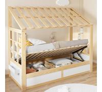 Lit enfant hydraulique 90x200 cm avec espace de rangement et coffre, lit-cabane avec toit et fenêtres, lit simple en bois avec sommier à lattes, finition naturelle