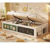 Lit enfant hydraulique Flieks 90 x 200 cm avec rangement, lit enfant avec rangement, tableau et plateau en feutre, lit hydraulique simple, blanc