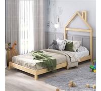 Lit enfant LIZ tête de lit en forme de maison, Lit au sol Montessori, Pour couchage 90 x 200 cm bois de pin massif, Coloris naturel