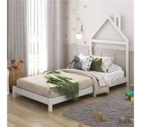 Lit enfant LIZ tête de lit en forme de maison, Lit au sol Montessori, Pour couchage 90 x 200 cm bois de pin massif, Blanc