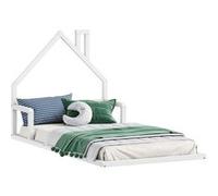 Lit enfant ELOA au sol 90x200 cm de type Montessori, tête de lit en forme de maison, en bois massif lasuré blanc
