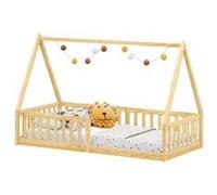 Lit cabane enfant 90x200 cm NICOLAS lit Simple montessori avec Barrières de Protection en Bois Massif, Coloris naturel