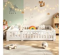 Lit enfant INONEFT, modèle 80x160, lit Montessori avec barrière et porte, lit simple en bois avec sommier à lattes, lit pour bébé en bois massif, blanc