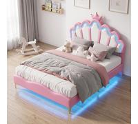 Lit enfant INONEFT, modèle capitonné, dimensions 140x190 cm, avec repose-tête réglable en forme de couronne, lit double avec éclairage LED et sommier à lattes, revêtement enPolyuréthanerose (sans mate