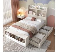 Lit enfant - KOMHTOM - 90x190 - Bois massif chêne - 2 tiroirs + banquette rangement - Sommier à lattes