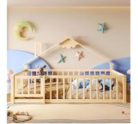 Lit enfant - KOMHTOM - design maison - Bois pin massif - 140 x 190 cm - Barrière de sécurité avec verrou