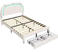 Lit Enfant LED 140x200cm - Lit Garçon avec Tête Réglable - Avec Sommier - Sans Matelas - Blanc/Brun - Lit Simple