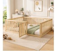 Lit enfant - LEMLIT- lit au sol enfant - 140x200 cm - Bois de pin massif - Cadre de lit au sol avec clôture et porte - Naturel