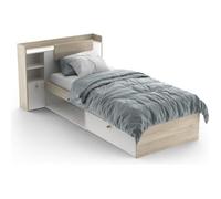 Lit Modulable 90 x 190/200 avec Rangement 1 Porte 3 Niches 1 tiroir - Blanc Mat & Chêne Clair -124,5 x 226,9 x 90,5 cm