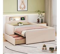 Lit enfant - LINHOO - 90 x 200 cm - Similicuir beige - USB, veilleuse, rangement et côtés surélevés