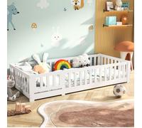 Lit Enfant lit au Sol 90x200 cm d'inspiration Montessori, avec barrières de Protection, en pin Massif lasuré, sommier à lattes