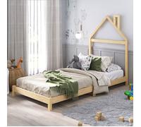 Lit enfant LIZ tête de lit en forme de maison, Lit au sol Montessori, Pour couchage 90 x 190 cm bois de pin massif, Coloris naturel