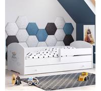Lit enfant LUK 140x70 avec matelas, sommier, tiroir et barrière de sécurité - Blanc, avec illustration d’ourson