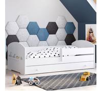 Lit enfant LUK 70x140 avec matelas, sommier, tiroir et barrière de sécurité - Blanc avec motif de dinosaures