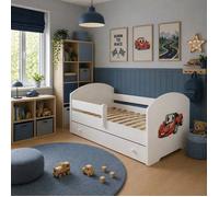 Lit enfant LUK avec tiroir et graphisme voiture - sans matelas, sécurisé et fonctionnel 160x80 cm
