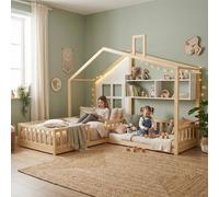 Lit enfant LVHOM 90x200/70x140 en L, lit maison avec LED et étagère, lit au sol pour enfant en bois massif, lit d'angle Montessori avec barrière de sécurité et fenêtre
