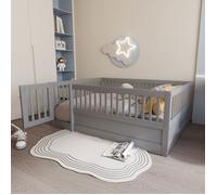 Lit enfant Maisentiel 140x200 bois massif gris avec barrières et porte - design sécurisé et polyvalent