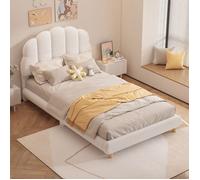 Lit enfant Maisentiel 90x200 cm velours blanc - tête de lit fleurie, sommier 10 lattes, design doux et cosy