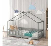 Lit enfant maison - Memkey - 205 x 98 x 158 cm - Pin gris clair - Toit cabane, barrières de sécurité, sommier