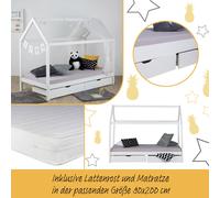 Lit D'Enfant avec Matelas 90x200 cm Lit Maison Lit Cabane Lit Montessori Lit Bois Blanc Tiroir