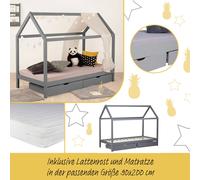 Lit D'Enfant avec Matelas 90x200 cm Lit Maison Lit Cabane Lit Montessori Lit Bois Gris Tiroir