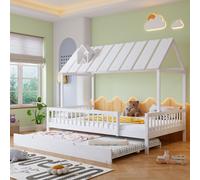 Lit enfant Merax 120x200 cm avec lit escamotable 120x190 cm, lit-cabane avec toit et moulure de cheminée, lit pour adolescents avec barrière de sécurité sur 3 côtés, lit en pin et MDF, blanc