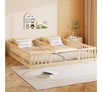 Lit enfant Merax 2× 90x200 cm, lit en bois massif avec barrières, sommier à lattes, bois de pin, lit au sol, lit plat, lit adolescent, naturel