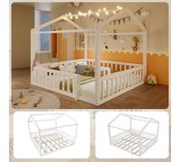 Lit enfant Merax 90 x 190 cm, combinable pour former un lit de 180 x 190 cm, lit cabane, lit au sol avec barrières, bois massif, perles LED, minimaliste, lit pour adolescent, blanc
