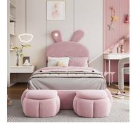 Lit Enfant - MERAX - 90x200 - Velours Rose - Oreilles de Lapin LED - Tête Ajustable et Poufs de Rangement