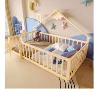 Lit enfant - MERAX - Lit cabane 90x190 cm - Bois de pin naturel - Barrière sécurité verrou - Sommier à lattes