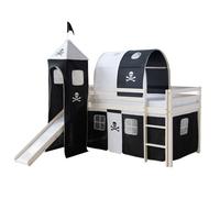 Homestyle4u Lit superposé enfants Jouez – Pin massif, Pirates, toboggan, tour, tunnel, blanc