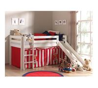 Vipack Lit de jeu Pino avec toboggan et set textile "Cirque" - Pin massif laqué blanc, Dimension : 210 cm x 114 cm x 218 cm ; PICOHSGB1472